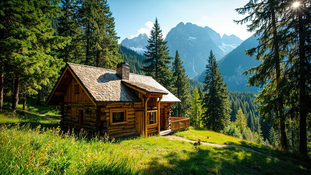 Wooden cabin nestled in a lush green forest with tall pine trees and majestic snow-capped mountains under a bright blue sky