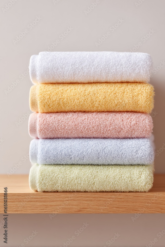 Poster soft towels neatly stacked in pastel colors, adding warmth and f