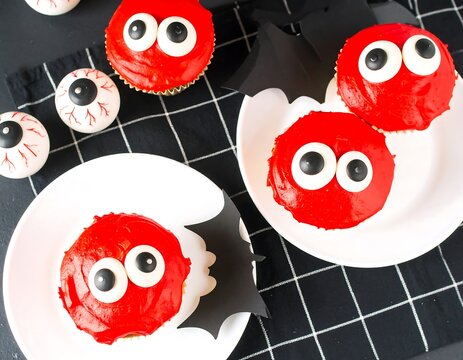 Halloween-themed cupcakes decorated with red frosting and edible eyeball candies, arranged on plates. - Powered by Adobe