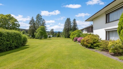 Fototapeta premium Serene landscape featuring a well-maintained lawn, vibrant flowers, and a modern house under a blue sky