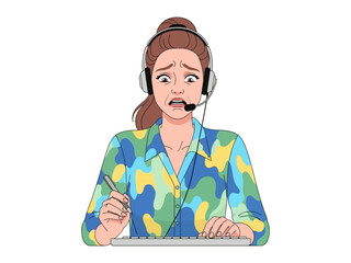 Turbulent Telephone: A stressed customer service representative confronts a hectic situation, captured in vibrant, graphic illustration.