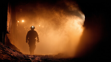 Miner walks through dusty tunnel illuminated by headlamp in underground excavation site during night work