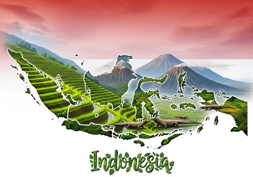 Stunning Illustrated Map of Indonesia with Nature and Wildlife Elements