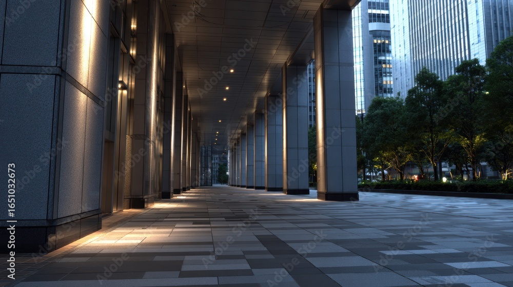 Poster a serene evening view of a modern city walkway lined with columns, illuminated by soft lights