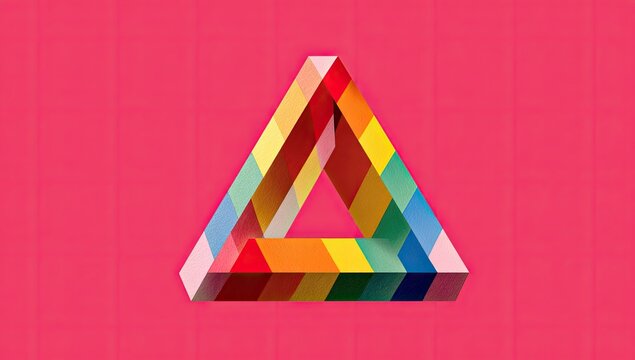 Colorful optical illusion triangle on pink background