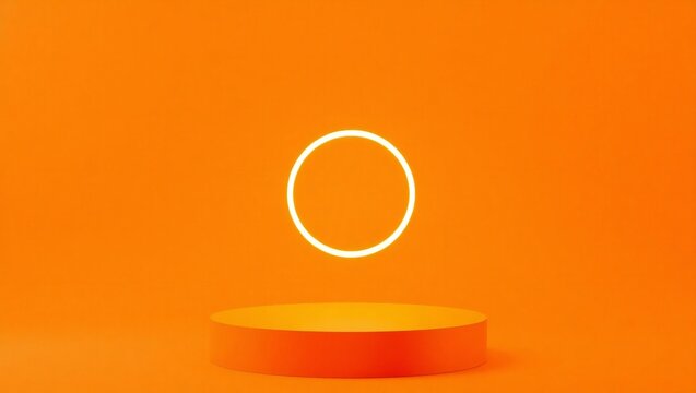 Illuminated oval shape levitating above orange podium against bright orange background