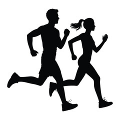 Silhouettes of two runners in mid-stride, male and female, captured in motion to symbolize fitness, energy, and active lifestyle outdoors