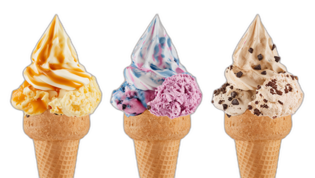 Colorful vibrant waffle cone ice cream transparent PNG cutout set bundle, isolated background. Caramel swirl, blueberry, cookies and cream flavor cue, cold sweet scoop summer treat