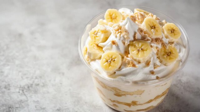 Creamy banana parfait with whipped topping and nuts