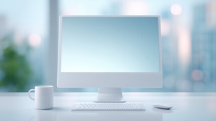 Fototapeta premium Sleek desktop setup featuring minimalistic monitor, white mug, s