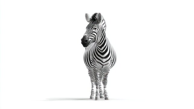 Upright zebra with black and white stripes stands facing forward against a white background