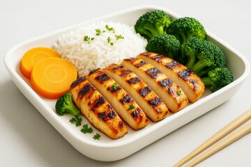 Grilled chicken fillet slices with rice, broccoli, and carrots in bento box on light background, healthy lunch concept, 3d food style.