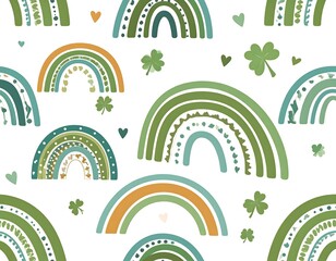 Fototapeta premium Whimsical Celebration: Playful Pattern of Green Rainbows, Shamrocks, and Hearts for St. Patrick's