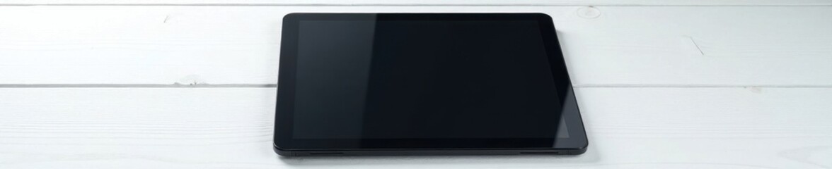 Fototapeta premium Sleek black tablet, blank screen, white wood backdrop, screen, screen mockup, business