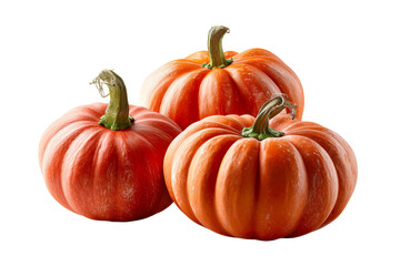 Three Ripe Orange Pumpkins with Green Stems Isolated on White Background