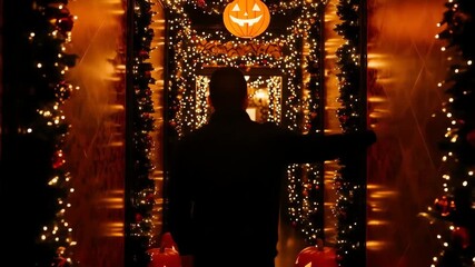 Person in hallway decorated with Halloween lights and pumpkins - Powered by Adobe