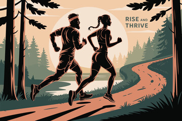 Two runners on a winding forest path beneath sun or moon with “Rise and Thrive” text, symbolizing wellness, progress, and natural energy