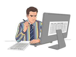 Focused Work: An individual deeply engaged in the process, meticulously examining documents and spreadsheets. The concentration is tangible, evoking the quiet intensity of diligent task management.