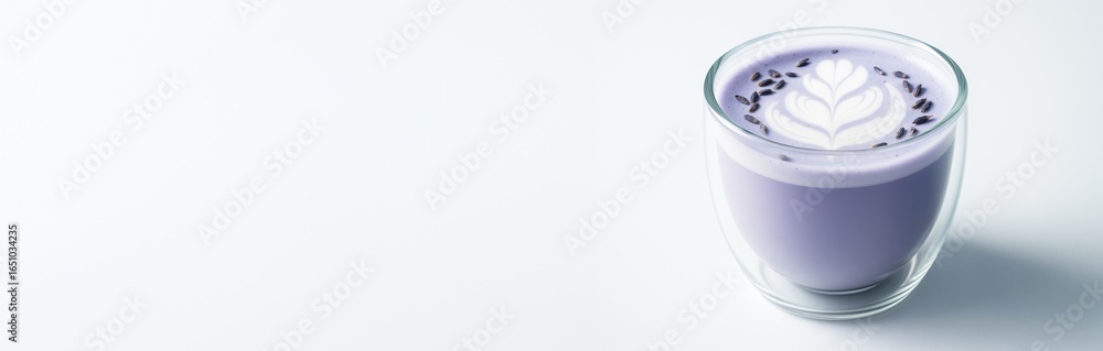 Poster glass cup of lavender latte with artistic foam on bright background with empty copy space for creati