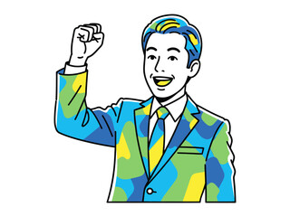 Triumphant Man in Suit: A spirited businessman, adorned in an artful suit, exudes triumph with a clinched fist, showcasing energy and optimism.