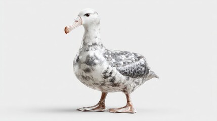 Obraz premium Standing bird with mottled gray/white plumage and orange beak, against light background