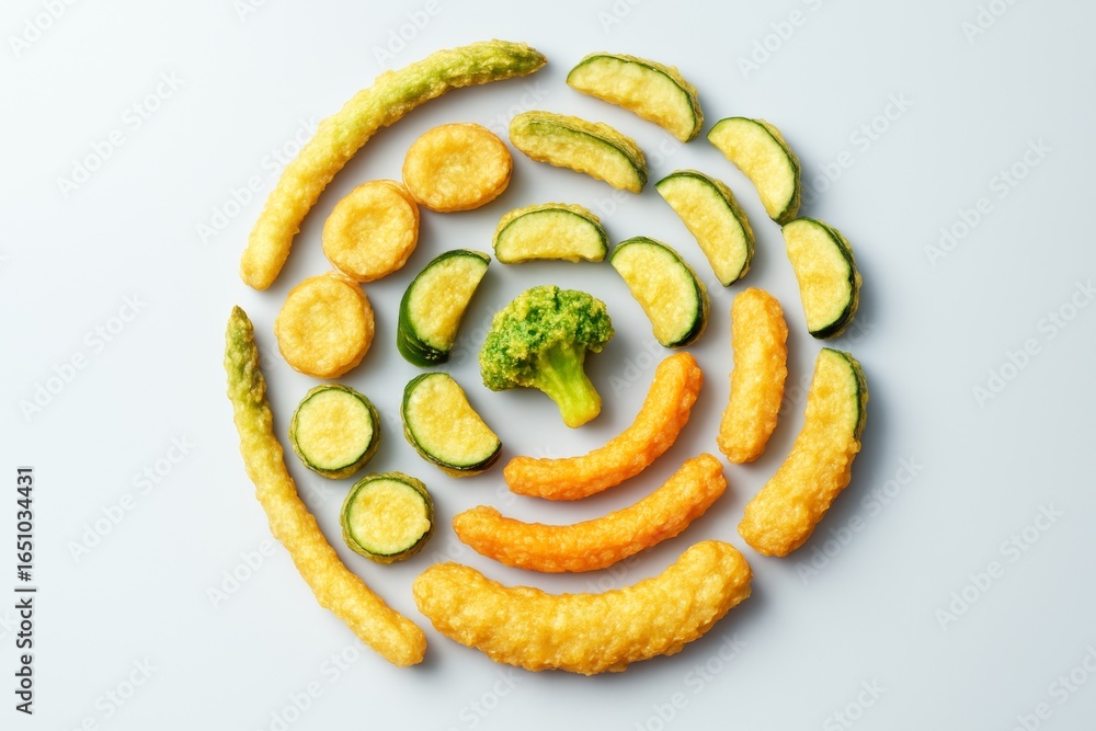Poster assorted tempura vegetables arranged in concentric circles with broccoli center on light background,
