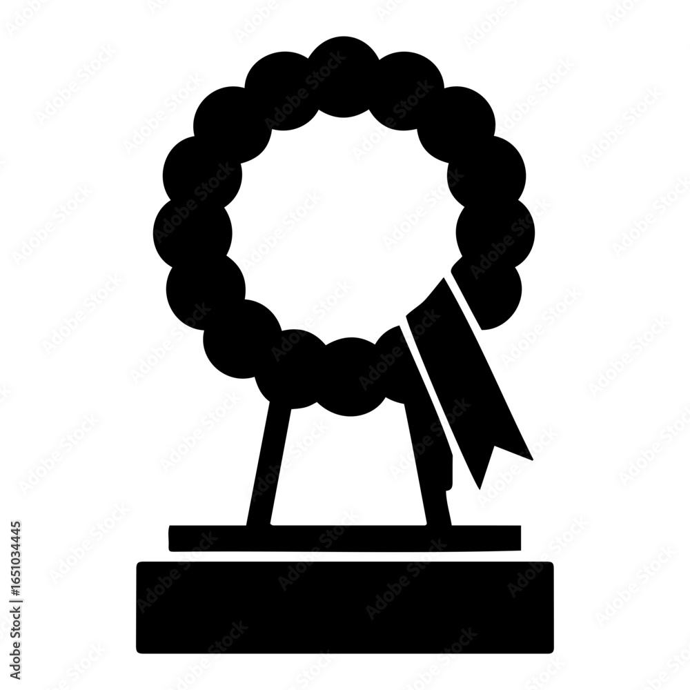 Poster vector illustration of a black wreath with a ribbon on a stand and rectangular base