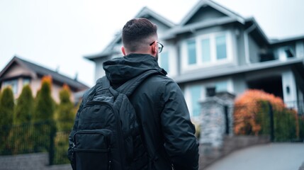 Man in black jacket and backpack stands on street, gazing at modern house with autumn foliage