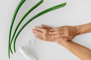 Top view of green aloe vera leaves, cream and woman's hands. Antioxidants, moisturizing hand skin.