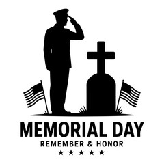 Vector silhouette of soldier saluting at grave with american flags for memorial day