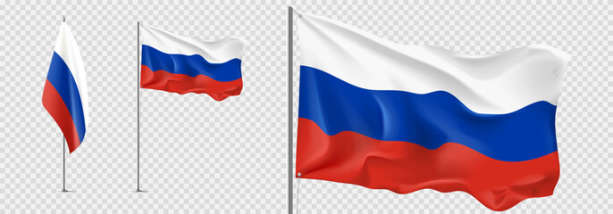 Set of realistic Russian flags. Flags of Russia isolated on checkered background. Templates of flags for decoration Russian events. White, blue and red symbols of Russia. Vector illustration.