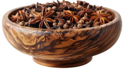 Star Anise spice in wooden bowl PNG, transparent isolated background. Ground spices, vibrant vivid colorful cooking seasoning ingredient, food flavour