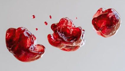Three vibrant red liquid blobs in mid-air