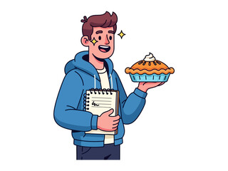The Pie Presenter: A cheerful individual showcases a freshly baked pie, with a notepad, radiating excitement and culinary delight, with a cheerful expression.