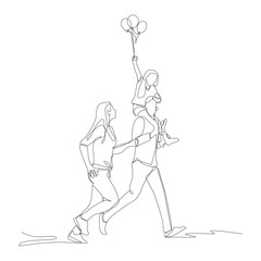Fototapeta premium One continuous line drawing small family running while holding her child happy family concept