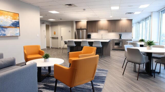 Modern communal kitchen and lounge area with stylish furniture and natural light in a contemporary setting