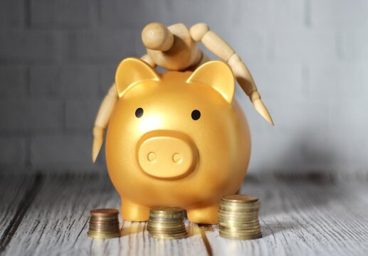 Wooden mannequin hugging a piggy bank save keep money photo
- Powered by Adobe