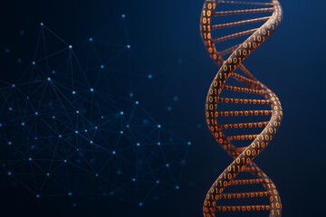DNA double helix with binary code pattern and connected network nodes on dark background symbolizing genetic data and digital science concept.