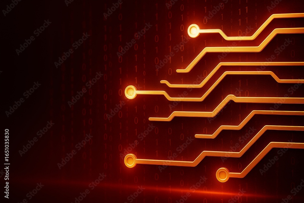 Poster glowing orange circuit lines on dark binary digital background with futuristic abstract tech pattern