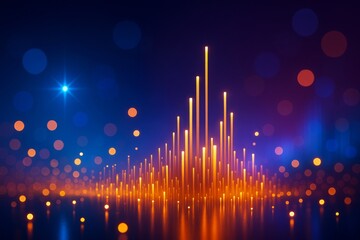 Glowing orange light bars forming a digital equalizer shape on a bokeh dark blue background with creative abstract graphic composition.