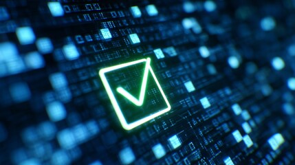 Digital technology background with a checkmark icon, glowing digital screen, vector illustration. Digital concept for business or web design.hologram, abstract, dark blue background