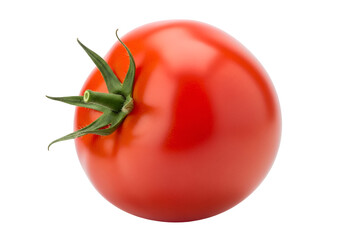 Close-up of a fresh ripe red tomato with green calyx on black background