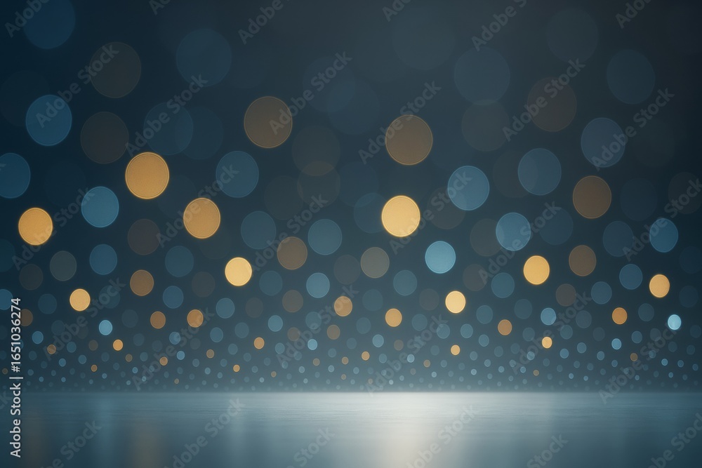 Poster abstract bokeh lights background with glowing blue and yellow circles over reflective surface for pr