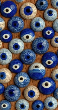 Evil eye charms, various sizes, on a light brown wooden surface