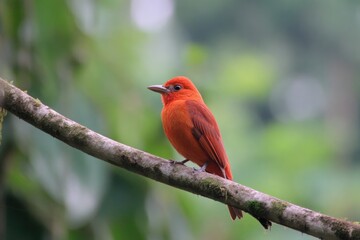 Fototapeta premium Bright red bird perched on branch, surrounded by lush green foli