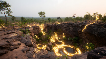 Ancient impact crater with mysterious geological formations glowing with preservation symbols in Ghana