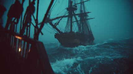 dramatic scene of an old sailing ship in stormy sea, cinematic concept for adventure stories, historical book covers, movie posters, or fantasy illustration projects