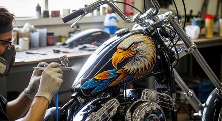 Fototapeta premium Artist with an airbrush painting a custom eagle design on a motorcycle gas tank in a workshop