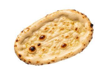 Close-up of a freshly baked cheese naan bread with a golden crust against a black background