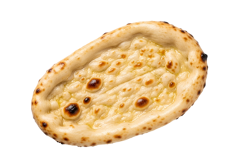Close-up of a freshly baked cheese naan bread with a golden crust against a black background